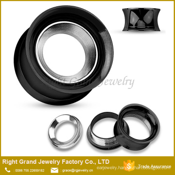 Black Silver Internally Threaded Stainless Steel Threaded Double Flared Ear Flesh Tunnel Plugs